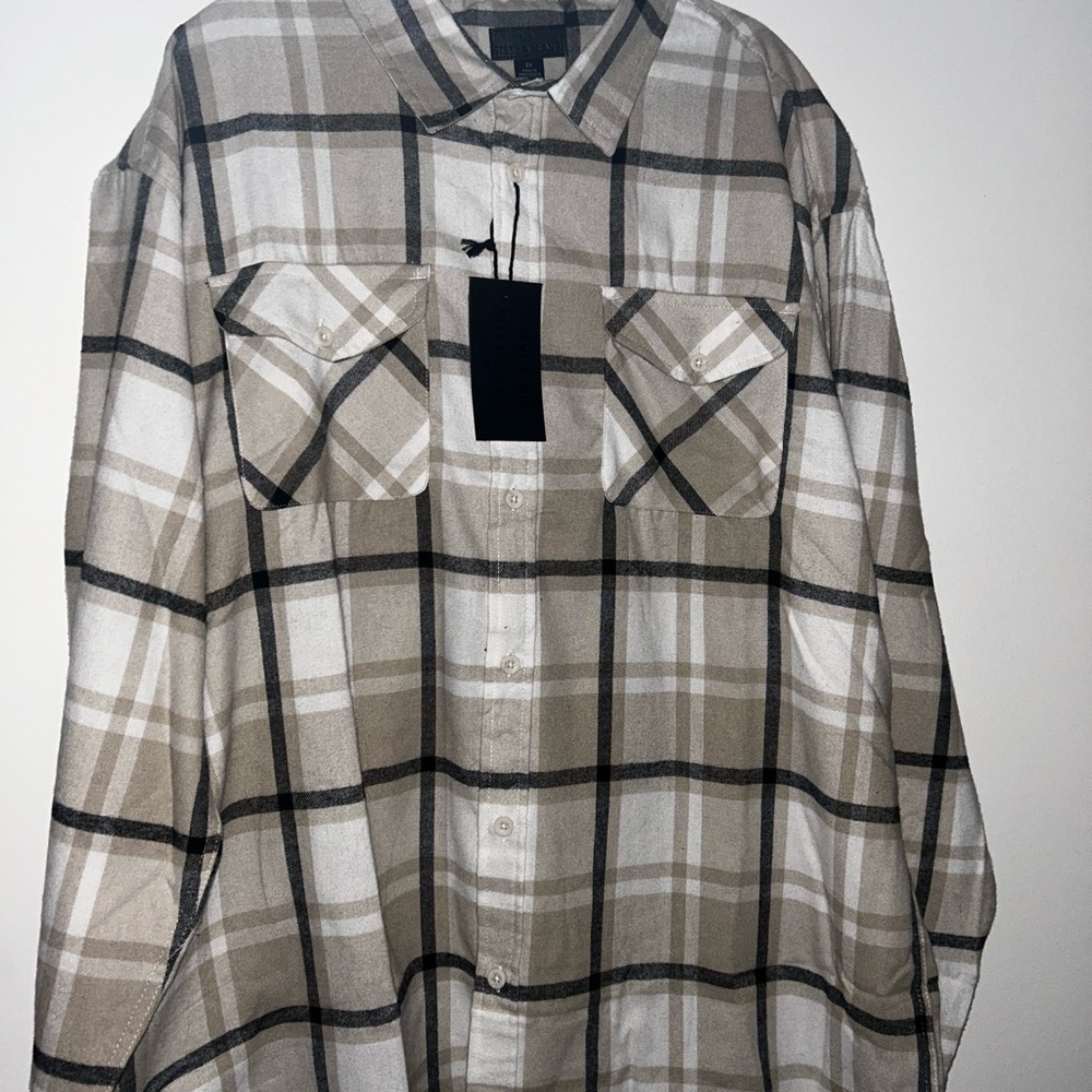 Plaid Button-Up Shirt in Beige and White
